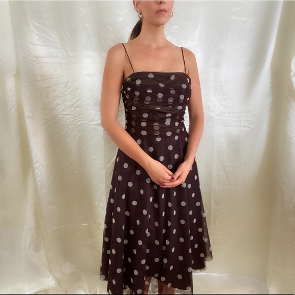Vintage 80s brown polka dot dress - Picture 3 of 6